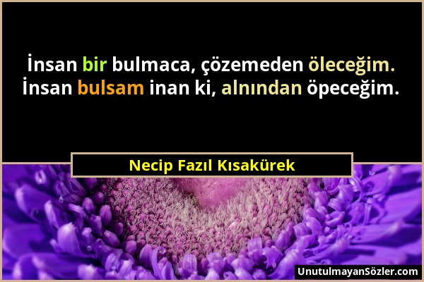 Necip Fazıl Kısakürek - İnsan bir bulmaca, çözemeden öleceğim. İnsan bulsam inan ki, alnından öpeceğim....