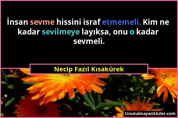 Necip Fazıl Kısakürek - İnsan sevme hissini israf etmemeli. Kim ne kadar sevilmeye layıksa, onu o kadar sevmeli....