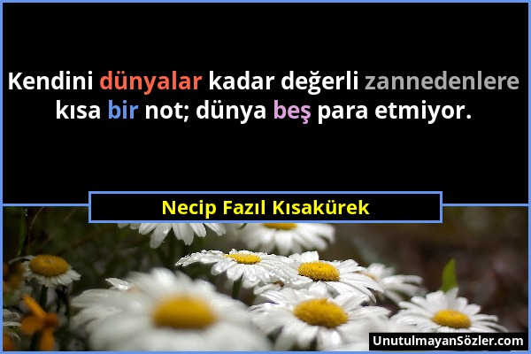 Necip Fazıl Kısakürek - Kendini dünyalar kadar değerli zannedenlere kısa bir not; dünya beş para etmiyor....