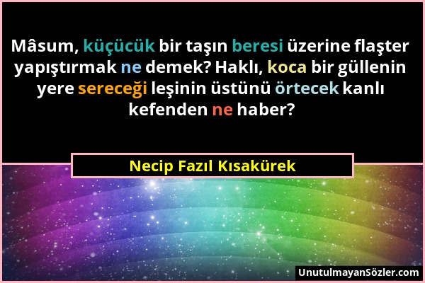 Necip Fazıl Kısakürek - Mâsum, küçücük bir taşın beresi üzerine flaşter yapıştırmak ne demek? Haklı, koca bir güllenin yere sereceği leşinin üstünü ör...