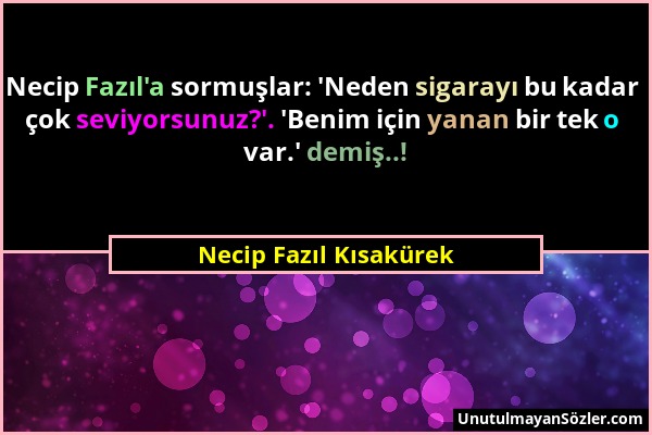 Necip Fazıl Kısakürek - Necip Fazıl'a sormuşlar: 'Neden sigarayı bu kadar çok seviyorsunuz?'. 'Benim için yanan bir tek o var.' demiş..!...