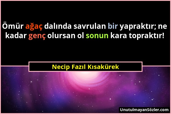 Necip Fazıl Kısakürek - Ömür ağaç dalında savrulan bir yapraktır; ne kadar genç olursan ol sonun kara topraktır!...