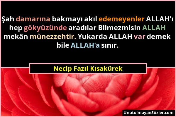Necip Fazıl Kısakürek - Şah damarına bakmayı akıl edemeyenler ALLAH'ı hep gökyüzünde aradılar Bilmezmisin ALLAH mekân münezzehtir. Yukarda ALLAH var d...