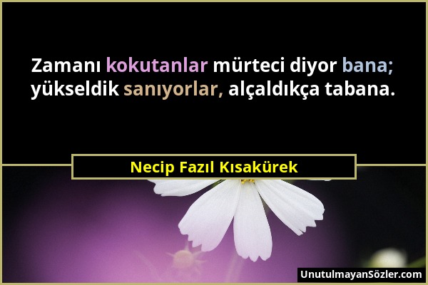 Necip Fazıl Kısakürek - Zamanı kokutanlar mürteci diyor bana; yükseldik sanıyorlar, alçaldıkça tabana....