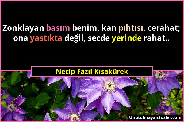 Necip Fazıl Kısakürek - Zonklayan basım benim, kan pıhtısı, cerahat; ona yastıkta değil, secde yerinde rahat.....