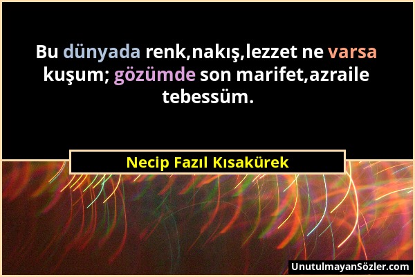 Necip Fazıl Kısakürek - Bu dünyada renk,nakış,lezzet ne varsa kuşum; gözümde son marifet,azraile tebessüm....