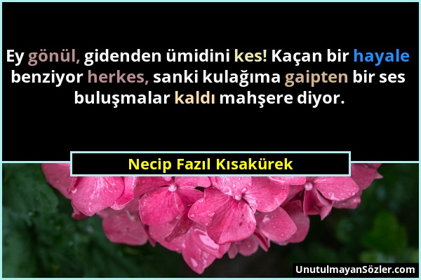 Necip Fazıl Kısakürek - Ey gönül, gidenden ümidini kes! Kaçan bir hayale benziyor herkes, sanki kulağıma gaipten bir ses buluşmalar kaldı mahşere diyo...