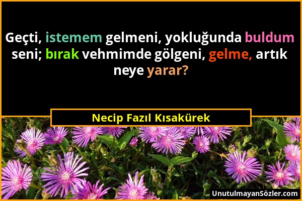 Necip Fazıl Kısakürek - Geçti, istemem gelmeni, yokluğunda buldum seni; bırak vehmimde gölgeni, gelme, artık neye yarar?...