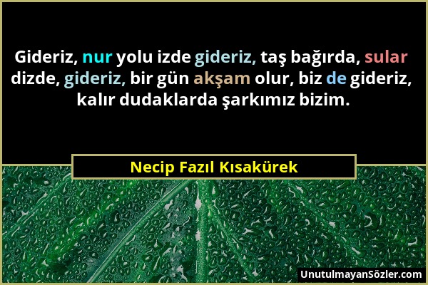 Necip Fazıl Kısakürek - Gideriz, nur yolu izde gideriz, taş bağırda, sular dizde, gideriz, bir gün akşam olur, biz de gideriz, kalır dudaklarda şarkım...