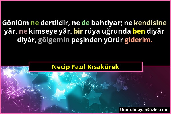 Necip Fazıl Kısakürek - Gönlüm ne dertlidir, ne de bahtiyar; ne kendisine yâr, ne kimseye yâr, bir rüya uğrunda ben diyâr diyâr, gölgemin peşinden yür...