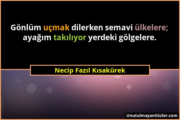 Necip Fazıl Kısakürek - Gönlüm uçmak dilerken semavi ülkelere; ayağım takılıyor yerdeki gölgelere....