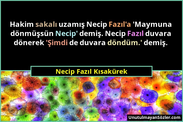 Necip Fazıl Kısakürek - Hakim sakalı uzamış Necip Fazıl'a 'Maymuna dönmüşsün Necip' demiş. Necip Fazıl duvara dönerek 'Şimdi de duvara döndüm.' demiş....