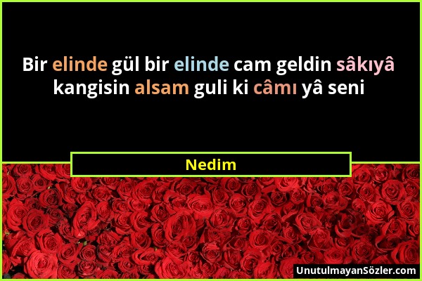 Nedim - Bir elinde gül bir elinde cam geldin sâkıyâ kangisin alsam guli ki câmı yâ seni...