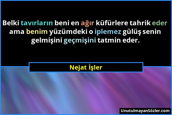 Nejat İşler - Belki tavırların beni en ağır küfürlere tahrik eder ama benim yüzümdeki o iplemez gülüş senin gelmişini geçmişini tatmin eder....