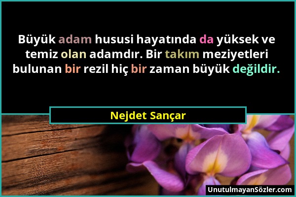 Nejdet Sançar - Büyük adam hususi hayatında da yüksek ve temiz olan adamdır. Bir takım meziyetleri bulunan bir rezil hiç bir zaman büyük değildir....