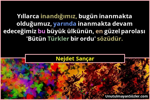 Nejdet Sançar - Yıllarca inandığımız, bugün inanmakta olduğumuz, yarında inanmakta devam edeceğimiz bu büyük ülkünün, en güzel parolası 'Bütün Türkler...