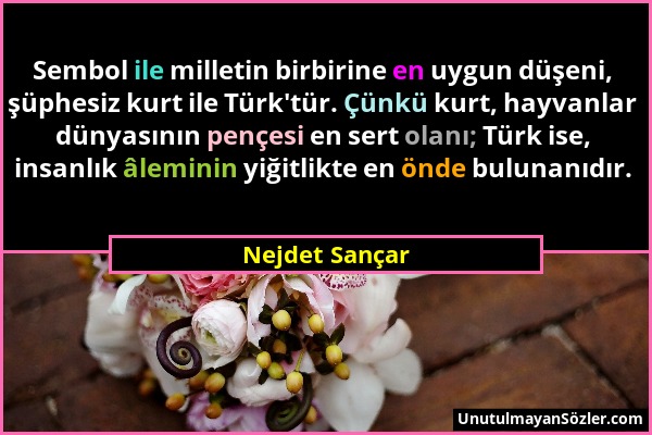 Nejdet Sançar - Sembol ile milletin birbirine en uygun düşeni, şüphesiz kurt ile Türk'tür. Çünkü kurt, hayvanlar dünyasının pençesi en sert olanı; Tür...