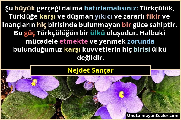 Nejdet Sançar - Şu büyük gerçeği daima hatırlamalısınız: Türkçülük, Türklüğe karşı ve düşman yıkıcı ve zararlı fikir ve inançların hiç birisinde bulun...