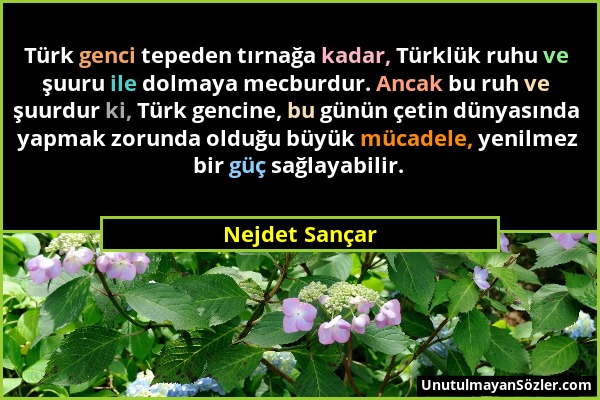 Nejdet Sançar - Türk genci tepeden tırnağa kadar, Türklük ruhu ve şuuru ile dolmaya mecburdur. Ancak bu ruh ve şuurdur ki, Türk gencine, bu günün çeti...