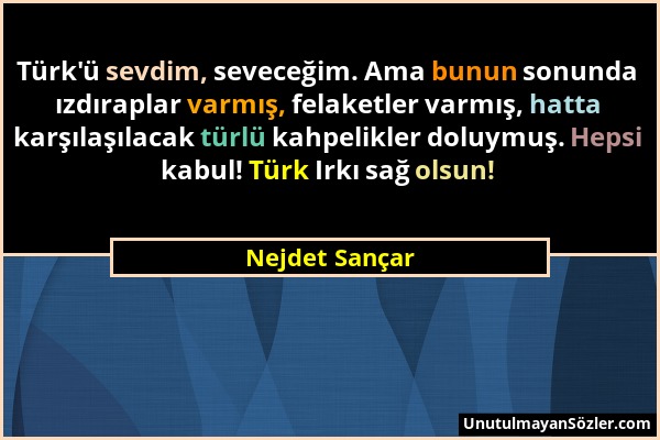 Nejdet Sançar - Türk'ü sevdim, seveceğim. Ama bunun sonunda ızdıraplar varmış, felaketler varmış, hatta karşılaşılacak türlü kahpelikler doluymuş. Hep...