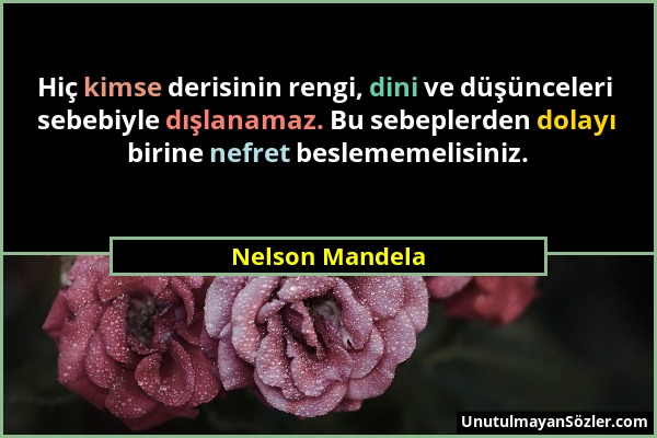 Nelson Mandela - Hiç kimse derisinin rengi, dini ve düşünceleri sebebiyle dışlanamaz. Bu sebeplerden dolayı birine nefret beslememelisiniz....