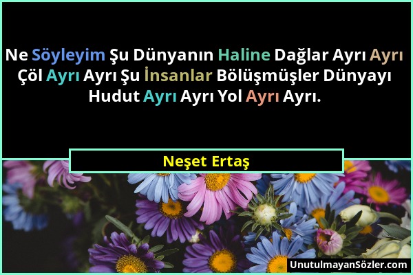 Neşet Ertaş - Ne Söyleyim Şu Dünyanın Haline Dağlar Ayrı Ayrı Çöl Ayrı Ayrı Şu İnsanlar Bölüşmüşler Dünyayı Hudut Ayrı Ayrı Yol Ayrı Ayrı....