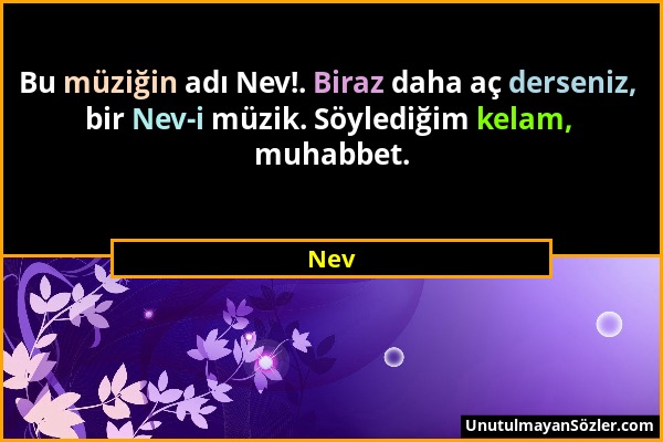 Nev - Bu müziğin adı Nev!. Biraz daha aç derseniz, bir Nev-i müzik. Söylediğim kelam, muhabbet....