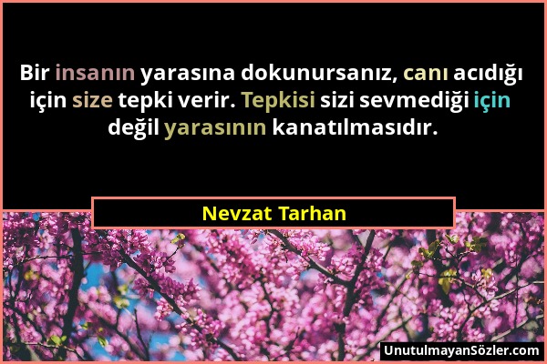 Nevzat Tarhan - Bir insanın yarasına dokunursanız, canı acıdığı için size tepki verir. Tepkisi sizi sevmediği için değil yarasının kanatılmasıdır....