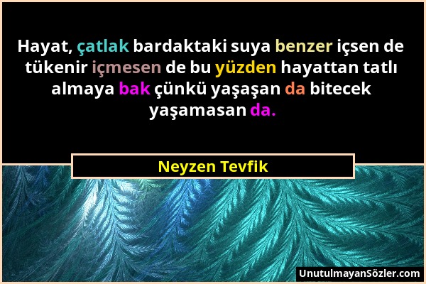 Neyzen Tevfik - Hayat, çatlak bardaktaki suya benzer içsen de tükenir içmesen de bu yüzden hayattan tatlı almaya bak çünkü yaşaşan da bitecek yaşamasa...