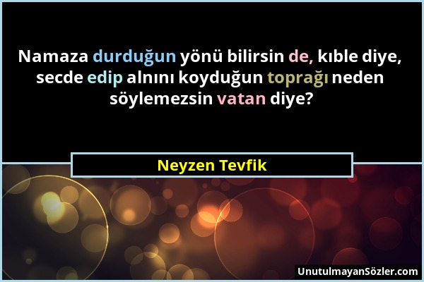 Neyzen Tevfik - Namaza durduğun yönü bilirsin de, kıble diye, secde edip alnını koyduğun toprağı neden söylemezsin vatan diye?...