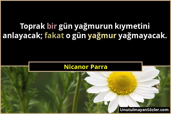 Nicanor Parra - Toprak bir gün yağmurun kıymetini anlayacak; fakat o gün yağmur yağmayacak....