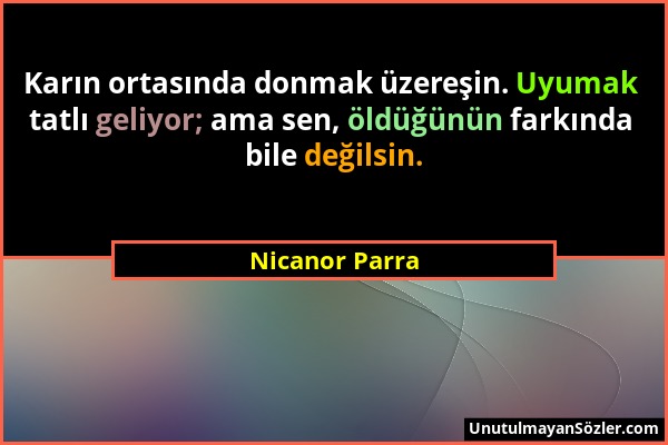 Nicanor Parra - Karın ortasında donmak üzereşin. Uyumak tatlı geliyor; ama sen, öldüğünün farkında bile değilsin....