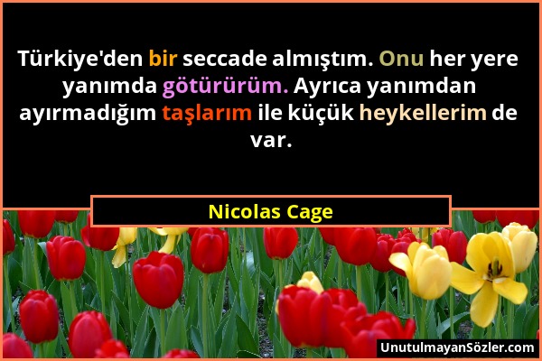 Nicolas Cage - Türkiye'den bir seccade almıştım. Onu her yere yanımda götürürüm. Ayrıca yanımdan ayırmadığım taşlarım ile küçük heykellerim de var....