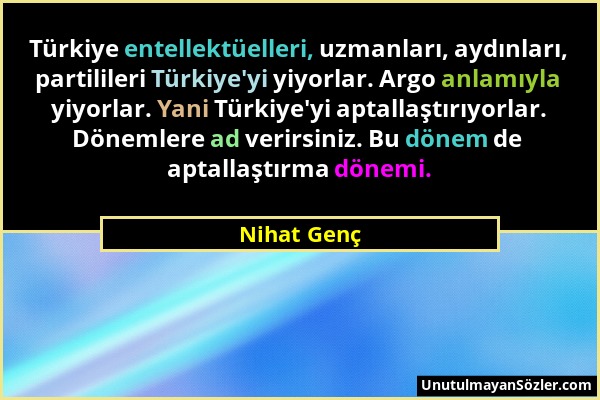 Nihat Genç - Türkiye entellektüelleri, uzmanları, aydınları, partilileri Türkiye'yi yiyorlar. Argo anlamıyla yiyorlar. Yani Türkiye'yi aptallaştırıyor...