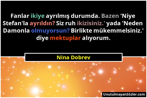 Nina Dobrev - Fanlar ikiye ayrılmış durumda. Bazen 'Niye Stefan'la ayrıldın? Siz ruh ikizisiniz.' yada 'Neden Damonla olmuyorsun? Birlikte mükemmelsin...