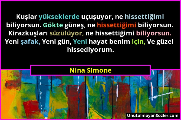 Nina Simone - Kuşlar yükseklerde uçuşuyor, ne hissettiğimi biliyorsun. Gökte güneş, ne hissettiğimi biliyorsun. Kirazkuşları süzülüyor, ne hissettiğim...