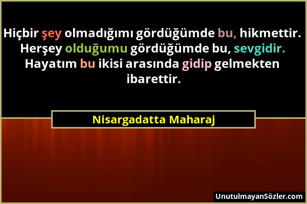 Nisargadatta Maharaj - Hiçbir şey olmadığımı gördüğümde bu, hikmettir. Herşey olduğumu gördüğümde bu, sevgidir. Hayatım bu ikisi arasında gidip gelmek...