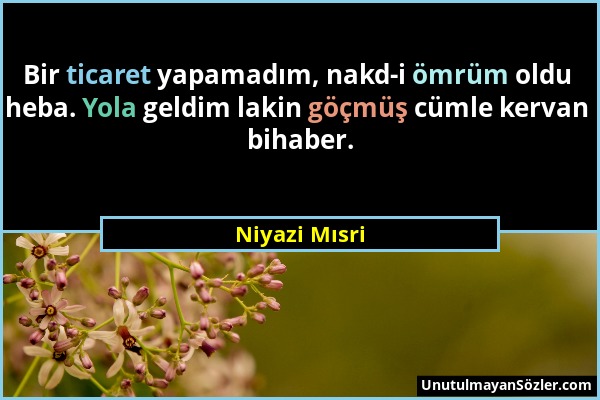 Niyazi Mısri - Bir ticaret yapamadım, nakd-i ömrüm oldu heba. Yola geldim lakin göçmüş cümle kervan bihaber....