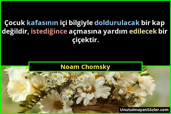 Noam Chomsky - Çocuk kafasının içi bilgiyle doldurulacak bir kap değildir, istediğince açmasına yardım edilecek bir çiçektir....