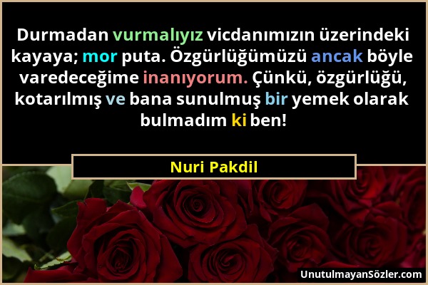 Nuri Pakdil - Durmadan vurmalıyız vicdanımızın üzerindeki kayaya; mor puta. Özgürlüğümüzü ancak böyle varedeceğime inanıyorum. Çünkü, özgürlüğü, kotar...