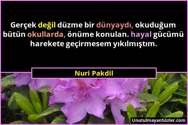 Nuri Pakdil - Gerçek değil düzme bir dünyaydı, okuduğum bütün okullarda, önüme konulan. hayal gücümü harekete geçirmesem yıkılmıştım....