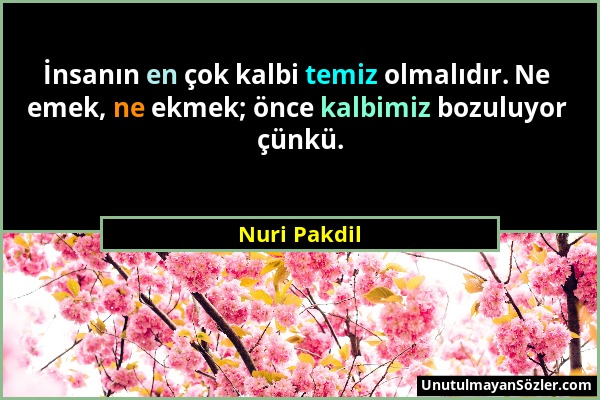 Nuri Pakdil - İnsanın en çok kalbi temiz olmalıdır. Ne emek, ne ekmek; önce kalbimiz bozuluyor çünkü....