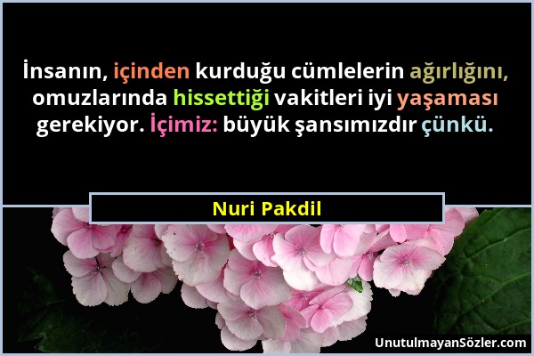 Nuri Pakdil - İnsanın, içinden kurduğu cümlelerin ağırlığını, omuzlarında hissettiği vakitleri iyi yaşaması gerekiyor. İçimiz: büyük şansımızdır çünkü...