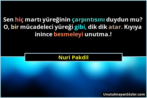 Nuri Pakdil - Sen hiç martı yüreğinin çarpıntısını duydun mu? O, bir mücadeleci yüreği gibi, dik dik atar. Kıyıya inince besmeleyi unutma.!...