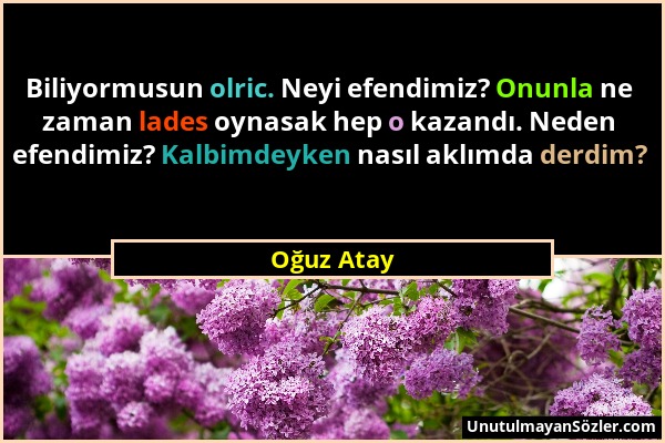 Oğuz Atay - Biliyormusun olric. Neyi efendimiz? Onunla ne zaman lades oynasak hep o kazandı. Neden efendimiz? Kalbimdeyken nasıl aklımda derdim?...