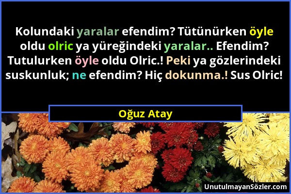 Oğuz Atay - Kolundaki yaralar efendim? Tütünürken öyle oldu olric ya yüreğindeki yaralar.. Efendim? Tutulurken öyle oldu Olric.! Peki ya gözlerindeki...