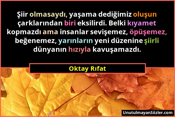 Oktay Rıfat - Şiir olmasaydı, yaşama dediğimiz oluşun çarklarından biri eksilirdi. Belki kıyamet kopmazdı ama insanlar sevişemez, öpüşemez, beğenemez,...