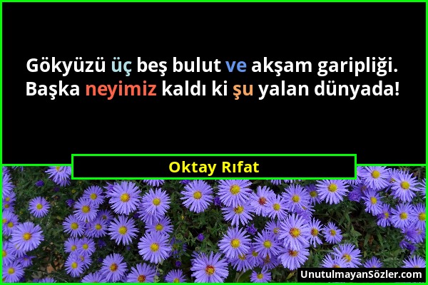 Oktay Rıfat - Gökyüzü üç beş bulut ve akşam garipliği. Başka neyimiz kaldı ki şu yalan dünyada!...