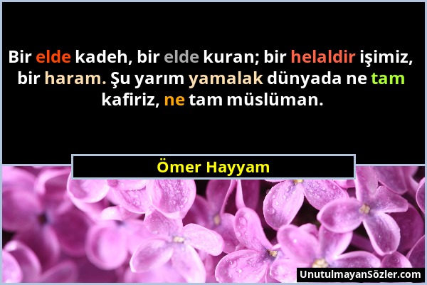 Ömer Hayyam - Bir elde kadeh, bir elde kuran; bir helaldir işimiz, bir haram. Şu yarım yamalak dünyada ne tam kafiriz, ne tam müslüman....