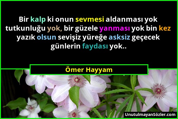 Ömer Hayyam - Bir kalp ki onun sevmesi aldanması yok tutkunluğu yok, bir güzele yanması yok bin kez yazık olsun sevişiz yüreğe asksiz geçecek günlerin...